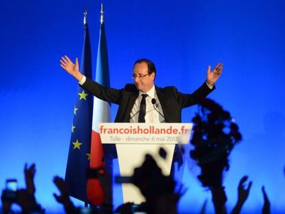 François Hollande durante su primer discurso, en Tulle, tras su victoria en las presidenciales de Francia.