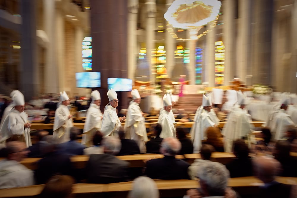 Cardinals walk to their seats before Pope Leo XIV's arrival to celebrate Mass at the Basilica of the Sagrada Familia in Barcelona, Spain, Wednesday, June 10, 2026. (AP Photo/Bernat Armangue)