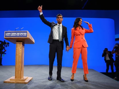 Prime Minister Rishi Sunak and his wife, Akshata Murthy, at the Conservative Party Conference in Manchester, on Wednesday, October 4, 2023.