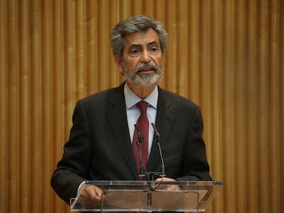 El presidente del CGPJ, Carlos Lesmes, durante su intervención en una jornada en el Congreso de los Diputados, el pasado mayo.