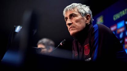 Quique Setién, durante la conferencia de prensa de este martes.