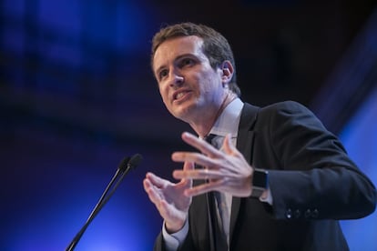 El candidato a la presidencia del PP, Pablo Casado, en un momento de su intervención.