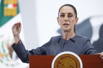 La presidenta de México durante una rueda de prensa en Palacio Nacional.
