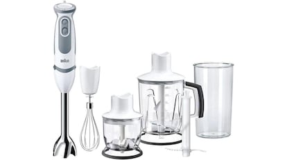 Uma vista da varinha mágica Braun e todos os acessórios incluídos.