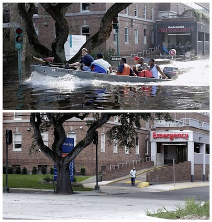 <B> Graduación escolar, del 54,5% al 77,6%. </B> Tras el Katrina, escuelas públicas de la ciudad se reconvirtieron en escuelas chárter o certificadas, gestionadas independientemente, como si fueran privadas. En la imagen, una lancha pasa junto al Memorial Medical Center de Nueva Orleans, en agosto de 2005 y en julio de 2015.