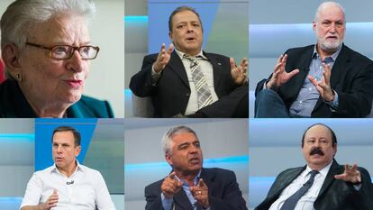 Da esquerda para a direita: Luiza Erundina (PSOL), João Bico (PSDC), Ricardo Young (Rede), João Doria (PSDB), Major Olímpio (SD), Levy Fidelix (PRTB), Altino Prazeres (PSTU), Fernando Haddad (PT), Henrique Áreas (PCO).
