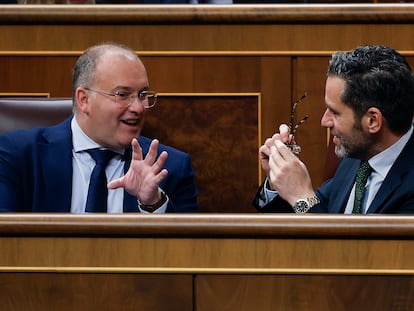 El portavoz parlamentario del PP, Miguel Tellado, conversa con el portavoz nacional del partido, Borja Sémper, este miércoles, durante el pleno extraordinario en el Congreso.