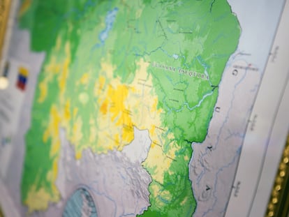 Fotografía de un mapa de Venezuela al que se le añade al Esequibo, durante un acto en el Palacio Federal Legislativo, sede de la Asamblea Nacional (AN, Parlamento) en Caracas (Venezuela).