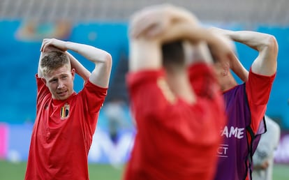 Kevin De Bruyne, este sábado durante un entrenamiento previo al partido contra la selección de Portugal, en Sevilla.