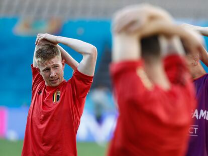 Kevin De Bruyne, este sábado durante un entrenamiento previo al partido contra la selección de Portugal, en Sevilla.