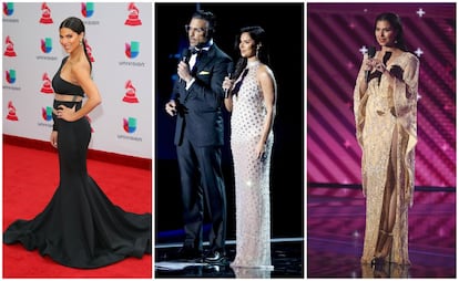 La actriz Roselyn Sánchez en la alfombra roja y con dos de los trajes que utilizó como presentadora en los Grammys Latinos.