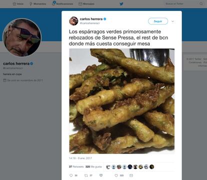 El 9 de enero, Carlos Herrera nos obsequia con su particular regalo de Reyes. Llega con retraso, pero no nos importa. Comparte con nosotros el restaurante de Barcelona donde más cuesta conseguir mesa. Para los que pensabais que era Tickets o Enigma, la respuesta es NO.
