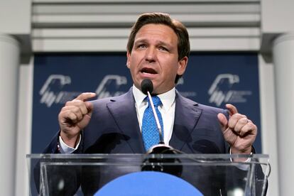 Florida Gov. Ron DeSantis speaks at an annual leadership meeting of the Republican Jewish Coalition on Nov. 19, 2022, in Las Vegas.