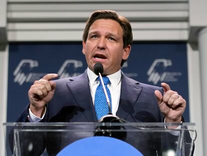 Florida Gov. Ron DeSantis speaks at an annual leadership meeting of the Republican Jewish Coalition on Nov. 19, 2022, in Las Vegas.