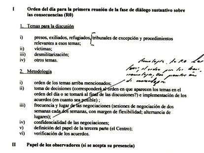 En la fase de diálogo, estos eran los temas para buscar acuerdos. Eguiguren tomó notas sobre el orden del día.