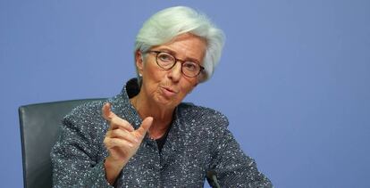 Christine Lagarde, durante la rueda de prensa de ayer. 