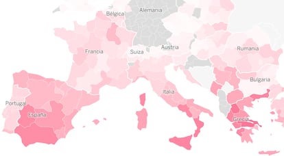 Detalle del mapa de desempleo juvenil por regiones en Europa