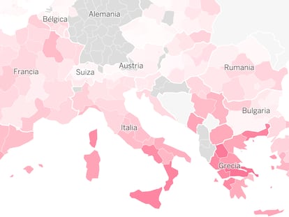 Detalle del mapa de desempleo juvenil por regiones en Europa