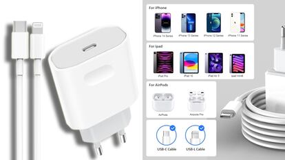 Este modelo de cargador de iPhone de carga rápida incluye un cable USB-C a Lightning de dos metros de longitud.