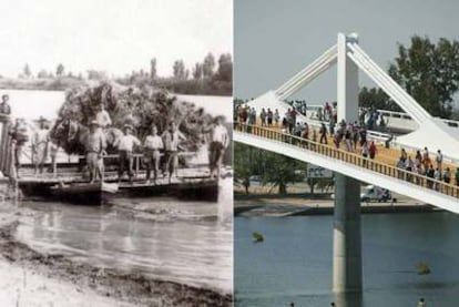 A la izquierda, fotografía de una barcaza antes de la mecanización. A la derecha, el flamante puente.