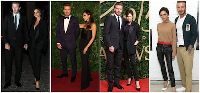 Una pareja de alfombra roja. El tiempo ha pasado, y sus looks más arriesgados han dado paso a un estilismo casi siempre parecido y a una pose estudiada ante los fotógrafos. En la imagen, de izquierda a derecha: David y Victoria Beckham en septiembre de 2013, noviembre de 2014, noviembre de 2015 y el pasado junio.
