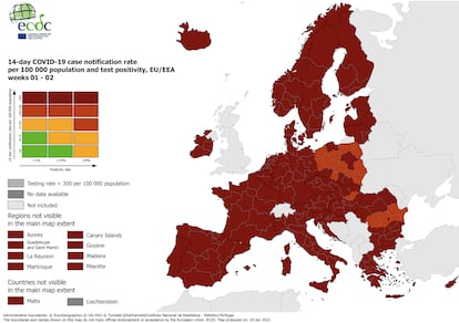 Mapa que pondera la incidencia acumulada en 14 días y la positividad de las pruebas diagnósticas en las regiones de la UE y que sirve para establecer el nivel de restricciones (20-1-2022).