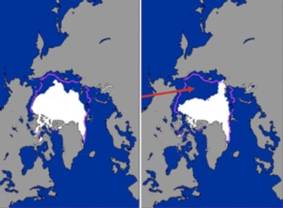 La línea morada que separa las dos imágenes (la de la izquierda de agosto de 2005 y la de la derecha de agosto de 2007) marca la media anual del borde de hielo en el Ártico. El deshielo abrirá nuevas rutas de navegación Europa-Asia sin pasar por el canal de Panamá.