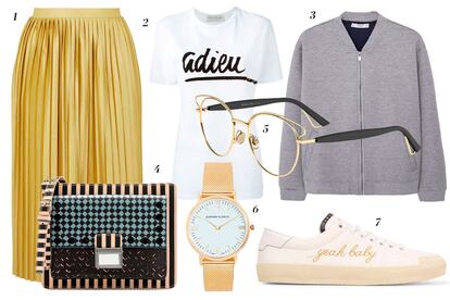 1. Topshop Falda midi plisada 2. Être Cecile Camiseta de manga corta con mensaje 3. Mango Chaqueta bomber gris 4. Bimba y Lola Bolso bandolera 5. Dior Gafas de lectura 6. Elephant & Castle Reloj dorado (es personalizable) 7. Saint Laurent Zapatillas con mensaje.