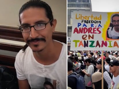 A la izquierda, Andrés Felipe Ballesteros en el año 2019, a la derecha, una manifestación para exigir su libertad.