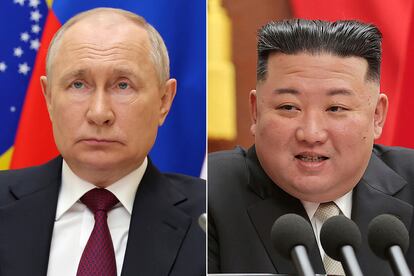 Russian President Vladimir Putin listens during a meeting in Moscow, Aug. 23, 2023, and North Korean leader Kim Jong Un speaks during a meeting of the ruling Workers' Party at its headquarters in Pyongyang, North Korea, in early 2023.