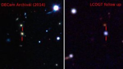 Destacada con barras rojas, la galaxia que alberga la supernova observada antes y después de su estallido.