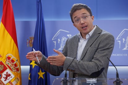 El portavoz de Sumar, Íñigo Errejón, en su comparecencia este martes en el Congreso.