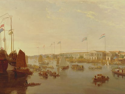 'Factorías europeas en Cantón', pintura de William Daniell (1808). La bandera española ondea en sexto lugar desde la derecha.