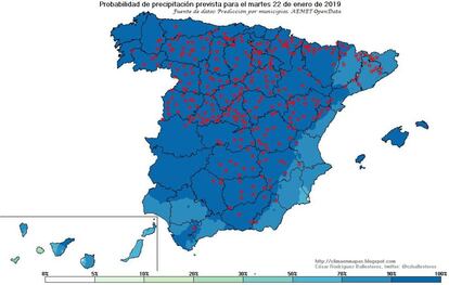 El mapa de las precipitaciones del martes, elaborado por César Rodríguez Ballesteros, del Servicio de Banco Nacional de Datos Climatológicos. Las aspas rojas son nieve.