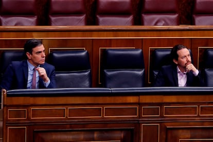 Sánchez e Iglesias, en el Congreso durante la sesión de control.