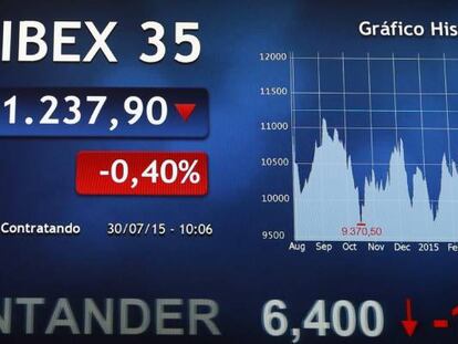 Vista de un panel en la Bolsa de Madrid que refleja la evolución del principal indicador de la Bolsa española.