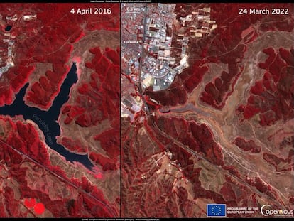 Imagen satelital del lago chileno Peñuelas en 2016 y 2022, proporcionada por el Programa de Observación de la Tierra de la Unión Europea.