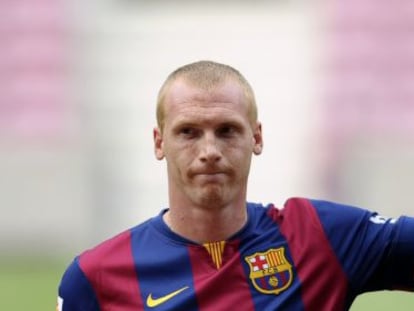 Mathieu, durante su presentación en el Camp Nou.