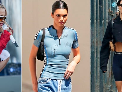 Rita Ora, Kendall Jenner y Emily Ratajkwoski con tres de las microtendencias del verano y del otoño: gafa ciclista, maillot y shorts de lycra.