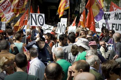 Momentos de la manifestaci&oacute;n del Primero de Mayo, en Ronda de Sant Pere con V&iacute;a Laietana, Barcelona.