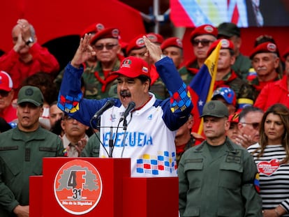 El presidente de Venezuela, Nicolás Maduro, durante un mitin que conmemora el aniversario del intento de golpe de Estado en 1992, el 4 de febrero de 2023 en Caracas.