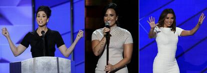 Sarah Silverman, Demi Lovato y Eva Longoria, en la convenci&oacute;n dem&oacute;crata celebrada en Filadelfia.