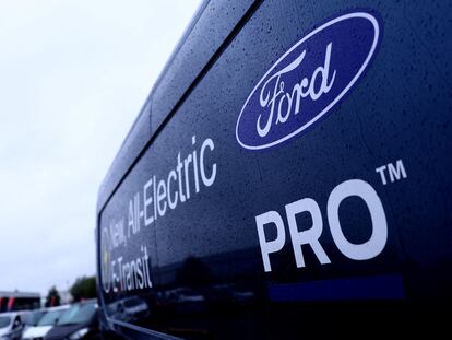 A Ford Electric E-Transit is displayed on a Ford dealership forecourt, Stoke-on-Trent, Britain, September 20, 2023.