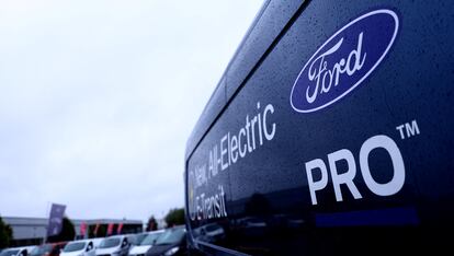 A Ford Electric E-Transit is displayed on a Ford dealership forecourt, Stoke-on-Trent, Britain, September 20, 2023.