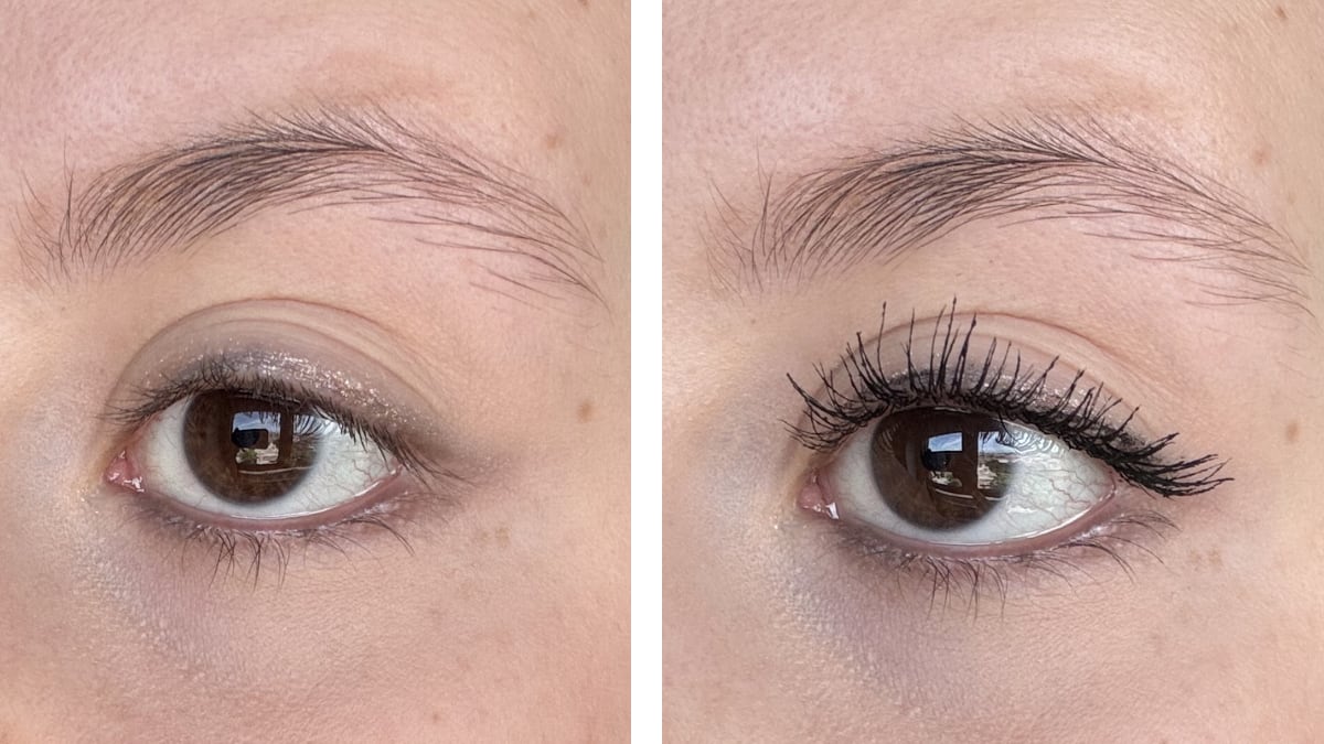Mis ojos antes y después de usar la máscara de pestañas Better Than Sex de Too Faced.