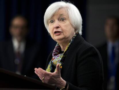 La presidenta de la Fed, Janet Yellen, en una rueda de prensa en marzo.