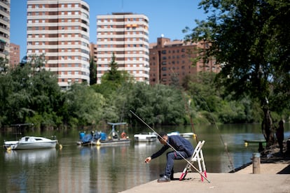 Un joven pesca en el río Pisuerga a su paso por Valladolid, el pasado 24 de mayo.