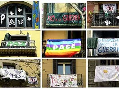 Balcones de Barcelona decorados con pancartas contrarias  a la guerra contra Irak.