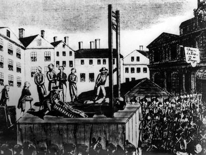 Grabado sobe <i>La invención de la guillotina</i> de la época revolucionaria