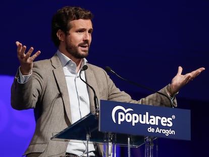 El presidente del PP, Pablo Casado, interviene durante el XIV Congreso Autonómico del Partido Popular de Aragón en Zaragoza.